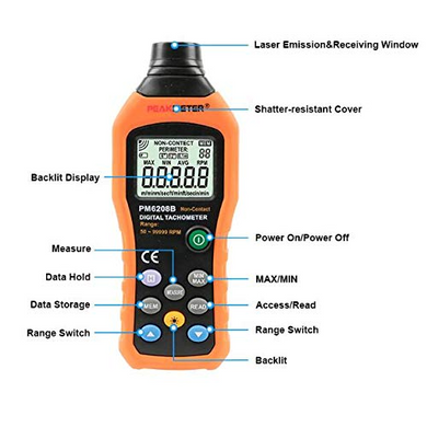 Безконтактний цифровий тахометр PEAKMETER PM6208B 50 ~ 99999 об/хв, вимірювач максимальної швидкості, тестер обертання (sv2504)