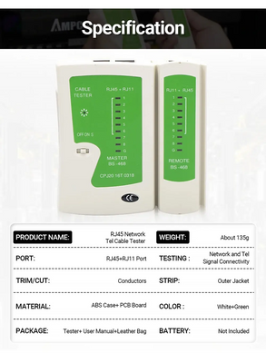Тестер Ethernet-патчкордов AMPCOM Tester RJ45 Cat5 Cat6 CAT7 8P 6P LAN Cable and RJ11 Telephone Cable (sv3830)