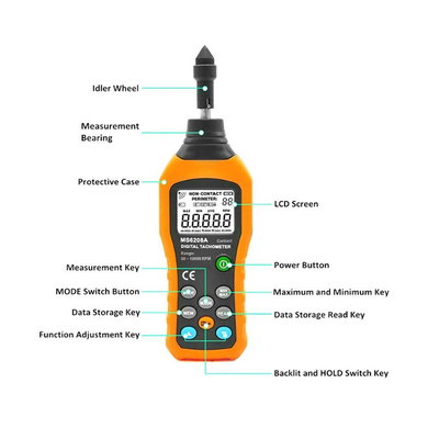 Тахометр PEAKMETER PM6208A контактный цифровой измеритель скорости двигателя 50RPM-19999RPM (sv2512)