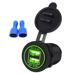 Адаптер встраиваемый в авто/мото 2xUSB  5v 2.1A, прикуриватель 54x37 мм Зеленая подсветка (sv0002-360)