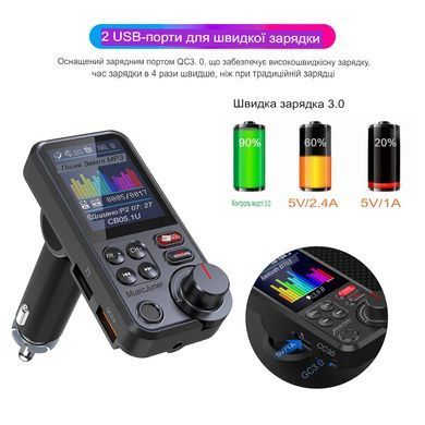 Бездротовий автомобільний Bluetooth FM-передавач 1,8 дюйма Aux підтримує зарядку QC3.0 з високими та низькими частотами, музичний плеєр (sv3846)