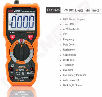Мультиметр PEAKMETER PM18C Підсвічування діапазону з помаранчевою кришкою на 6000 відліків (sv2499)